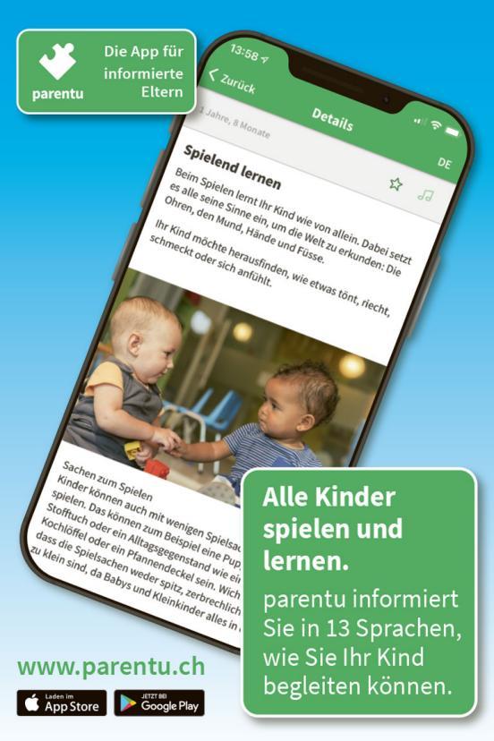 Das Inserat für die App parentu zeigt ein Handy mit einer Seite aus der App, bei der zwei kleine Kinder am Boden sitzen. Zwei Textboxen informieren über die App.