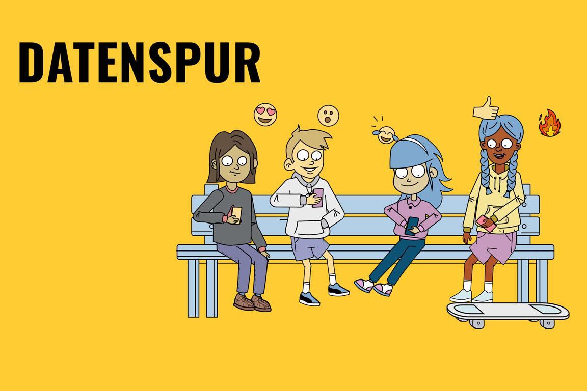 Vier illustrierte Jugendliche sitzen auf einer Bank und schauen in ihr Natel.