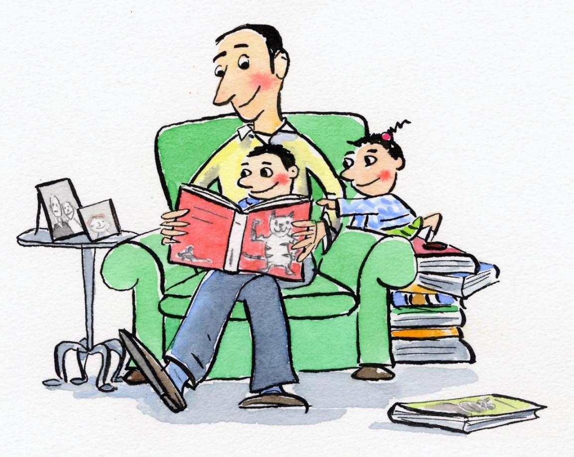 Die Illustration zeigt einen Vater der seinen Kindern aus einem Buch vorliest.