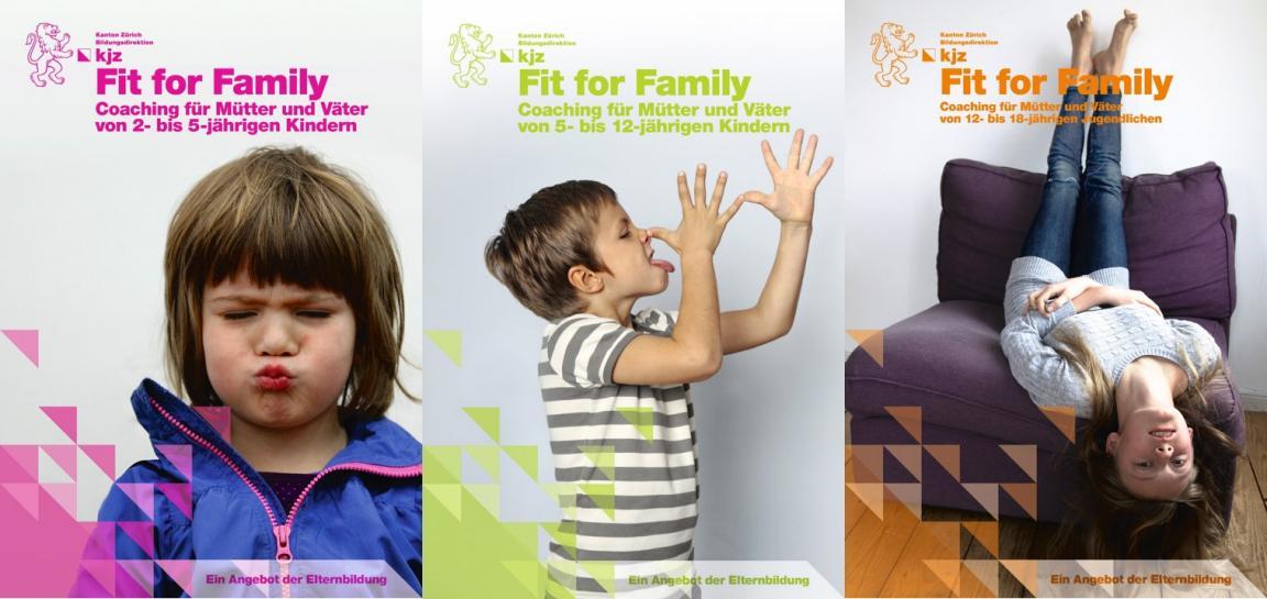 Die drei Titelbilder der Flyer für das Angebot Fit for Family sind nebeneinander abgebildet.