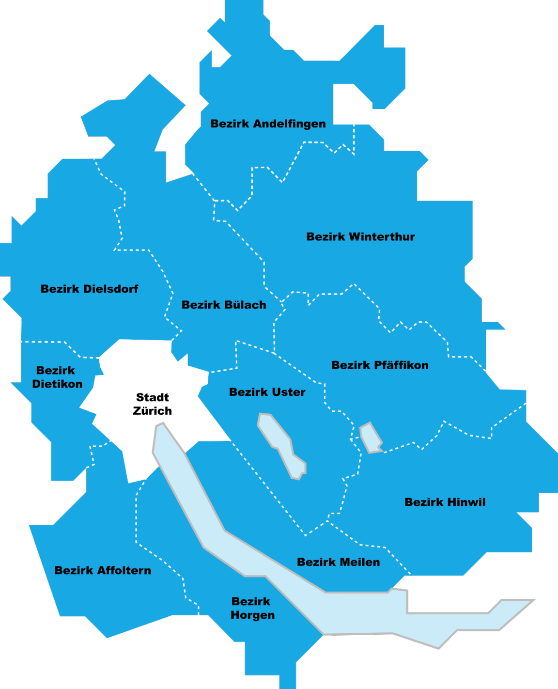 Zürcher Kantonskarte mit eingezeichneten Bezirken