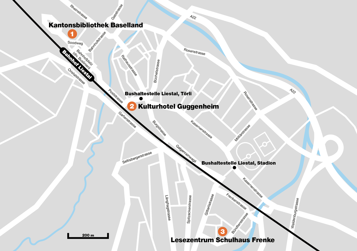 Der Lageplan zeigt den Weg vom Bahnhof Liestal (BL) zur Kantonsbibliothek Baselland weiter zum Kulturhotel Guggenheim und von dort zur Sekundarschule Frenke.