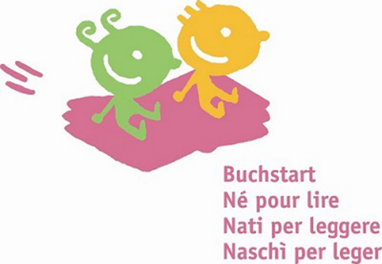 Das Logo von Buchstart zeigt eine Illustration von zwei Kindern auf einem fliegenden Buch.