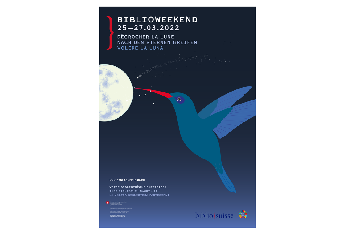 Das Werbeplakat BiblioWeekend 2022 zeigt einen illustrierten Kolibri und den Mond auf dunklem Hintergrund.