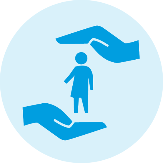 Das Icon zeigt die grafische Umsetzung des Kindesschutzes mit zwei Händen und einem Kind dazwischen.