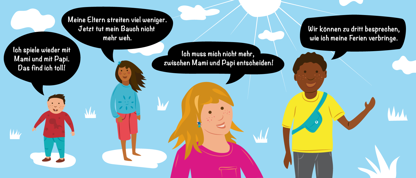 Eine Illustration zeigt vier Kinder verschiedenen Alters mit Sprechblasen, die ihre Erfahrung mit Trennung wiedergeben.