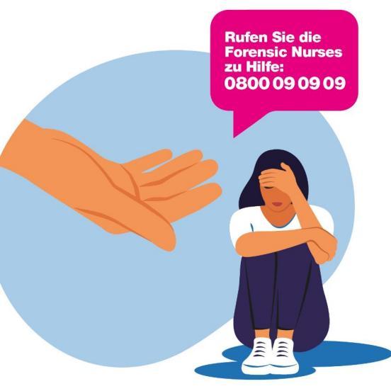Illustration mit sitzender, verzweifelter, beschämter Frau und grosser helfender Hand, die zu ihr runterkommt plus Sprechblase mit Nummer der Forensic Nurses