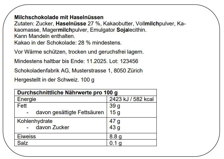 Das Bild zeigt die Etikette mit allen obligatorischen Angaben wie der Sachbezeichnung, Zutatenliste, Nährwertdeklaration, Produktionsland, Kontaktadresse, Angaben zur Aufbewahrung und Haltbarkeit,.