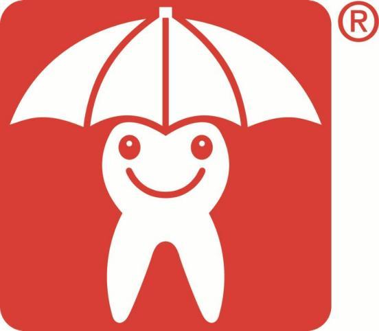 Ein lächelnder Zahn mit einem Regenschirm auf rotem Hintergrund, Symbol für Zahnschutz.