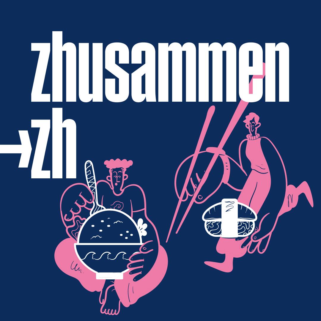 Logo des Tandemprogramms zhusammen.ch und zwei Figuren am Essen