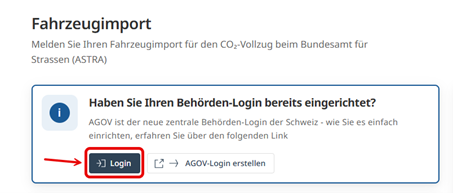 Dialog zur Erstellung eines AGOV-Logins für den Fahrzeugimport