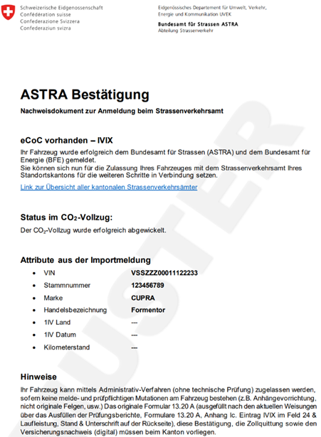 Vollständig ausgefüllte Importmeldung mit Schaltfläche zum Absenden
