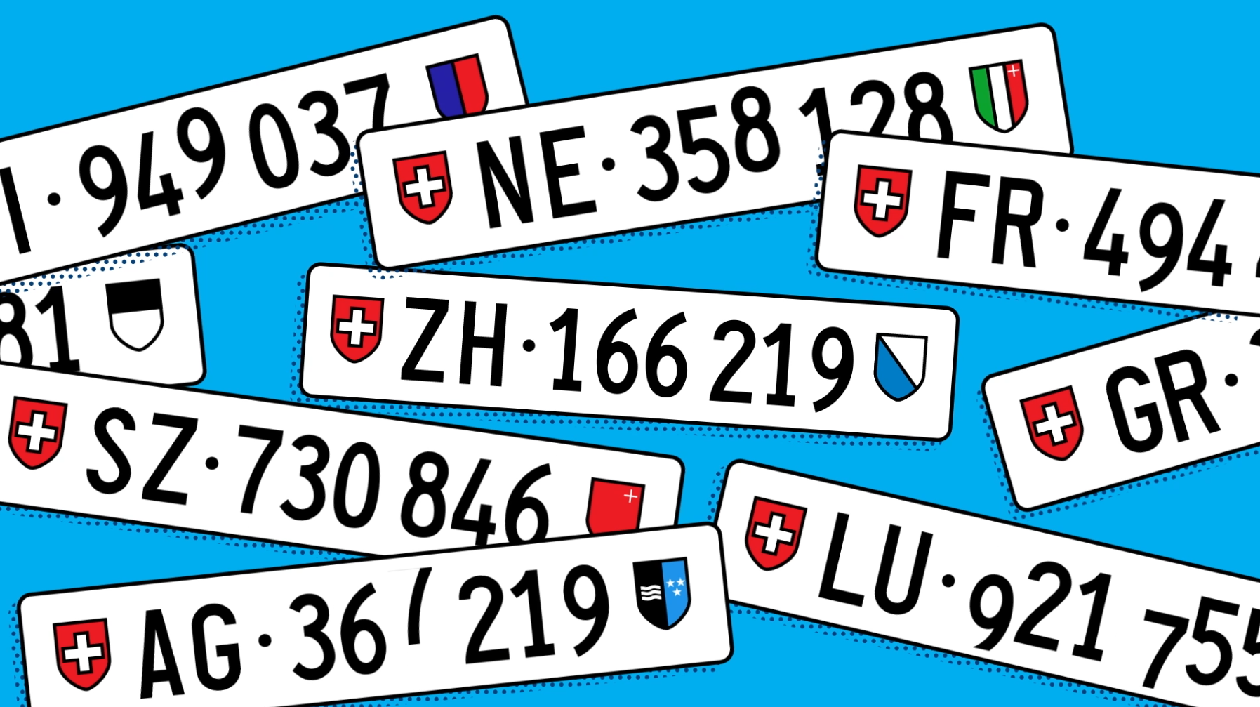 Schweizer Kontrollschilder verschiedener Kantone mit einem Zürcher Kontrollschild (ZH) im Zentrum.