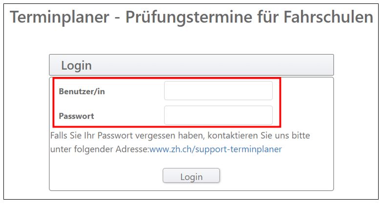 Printscreen des Terminplaners. Er zeigt wo die Eingabe das Benutzernamens und des Passwortes erfolgt.