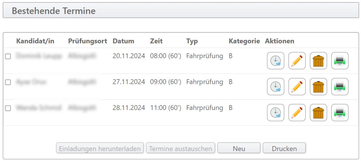 Printscreen des Terminplaners. Er zeigt die Mutationsmöglichkeiten für bestehende Termine.