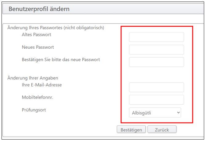Printscreen des Terminplaners. Er zeigt wie persönliche Angaben geändert werden können.