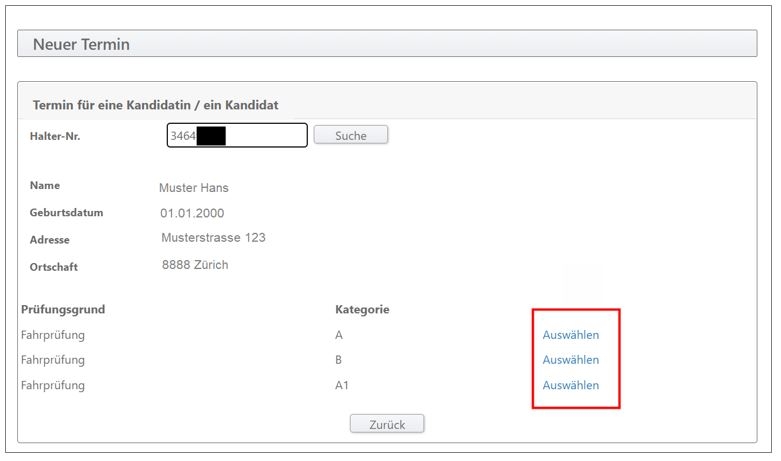 Printscreen des Terminplaners. Er zeigt die Kategorieauswahl.