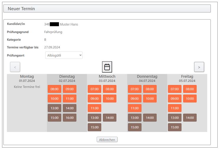 Printscreen des Terminplaners. Er zeigt die Termine innerhalb eines Tages.