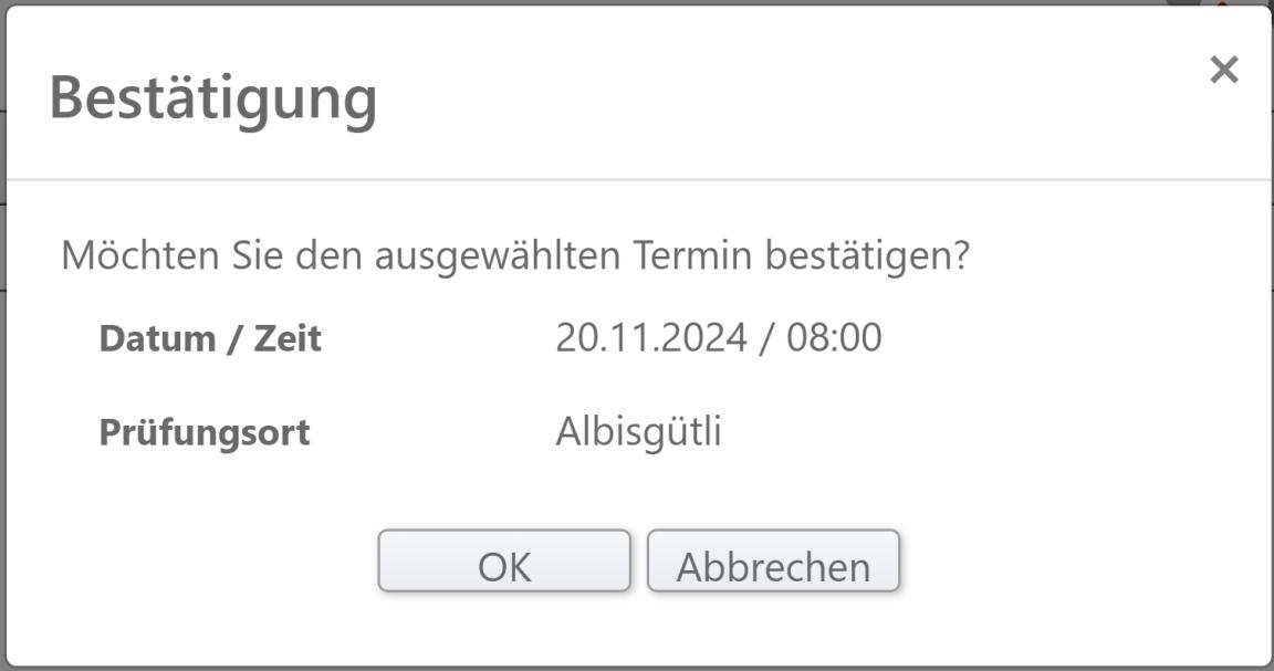 Printscreen des Terminplaners. Er zeigt das Bestätigungsfenster kur vor der Buchung. 