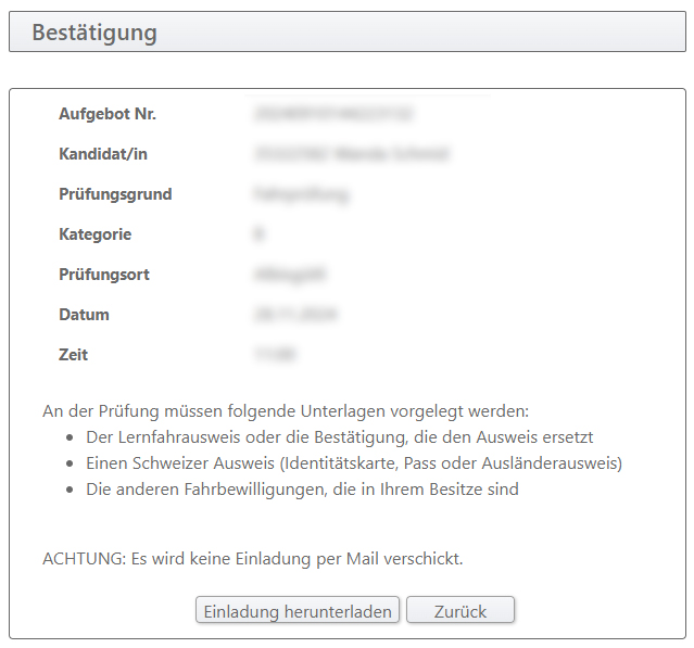 Printscreen des Terminplaners. Er zeigt die Bestätigung nach einer Terminbuchung.