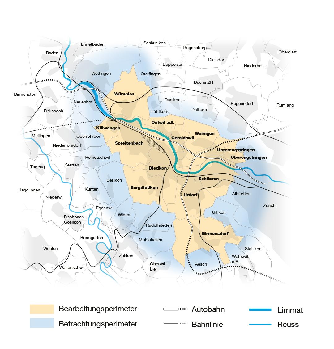 Karte des Limmattals mit dem Bearbeitungs- bzw. Betrachtungsperimeter des rGVK Limmattal