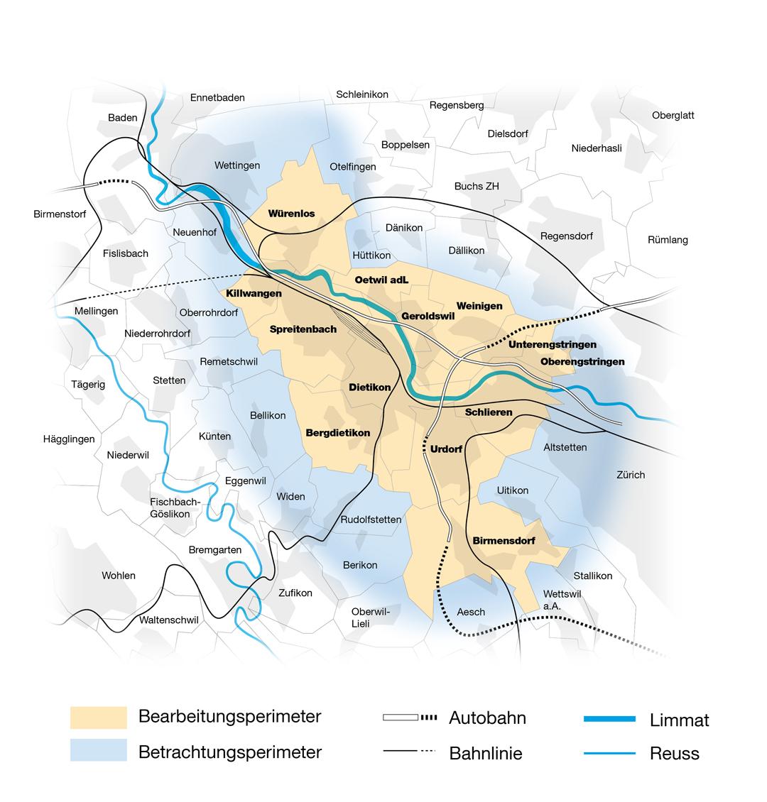 Karte des Limmattals mit dem Bearbeitungs- bzw. Betrachtungsperimeter des rGVK Limmattal