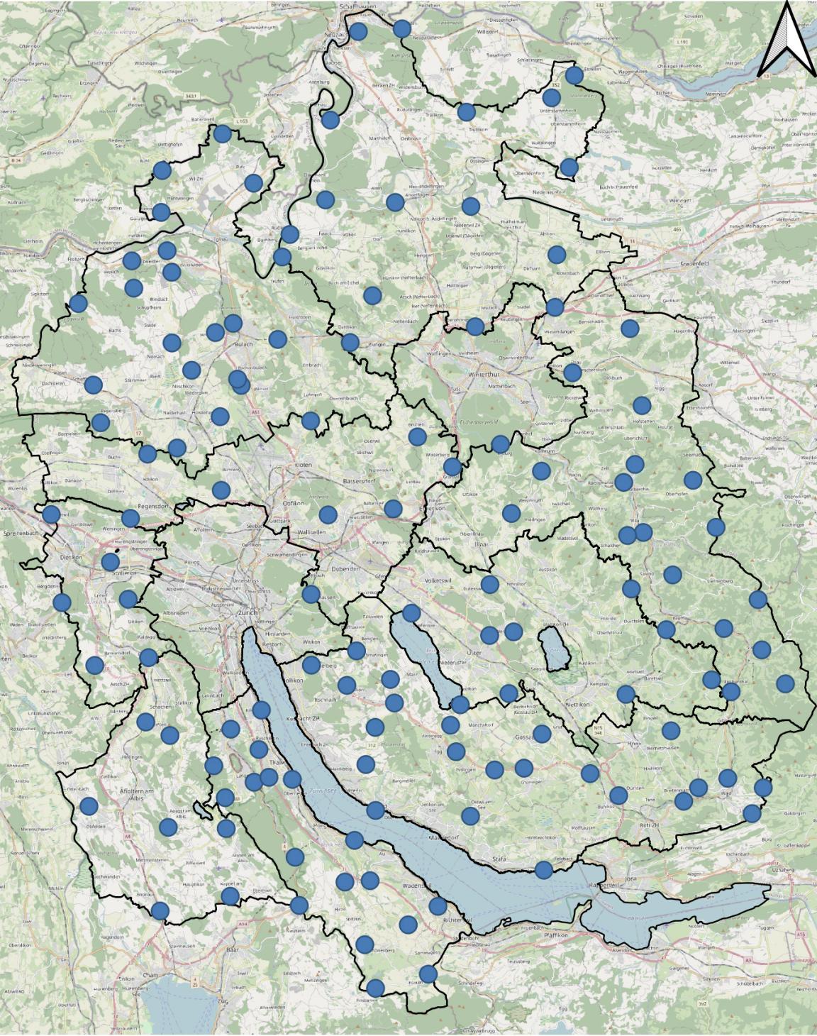 Karte des Kantons Zürich mit zahlreichen blauen Punkten, die Wetterstationen darstellen.