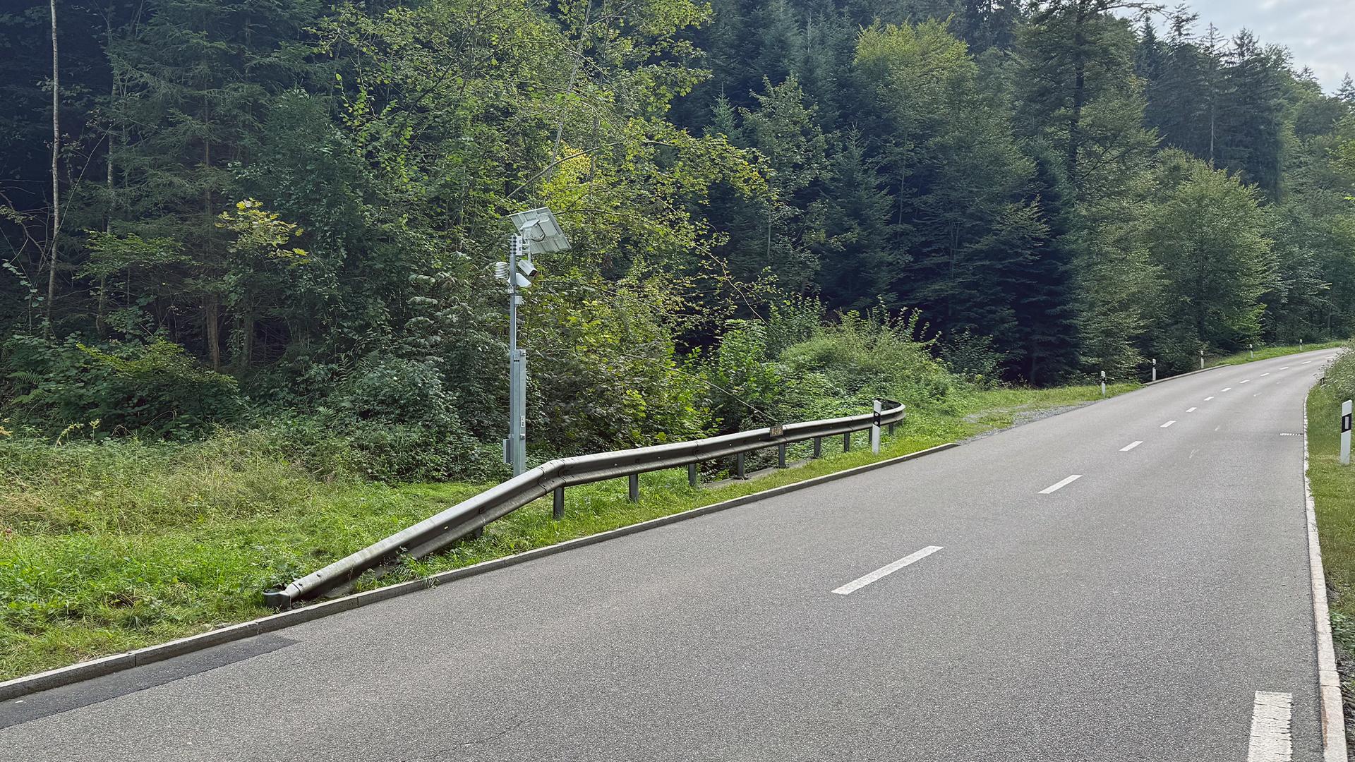 Frühwarnanlage am Strassenrand neben einer Leitplanke im Waldgebiet.