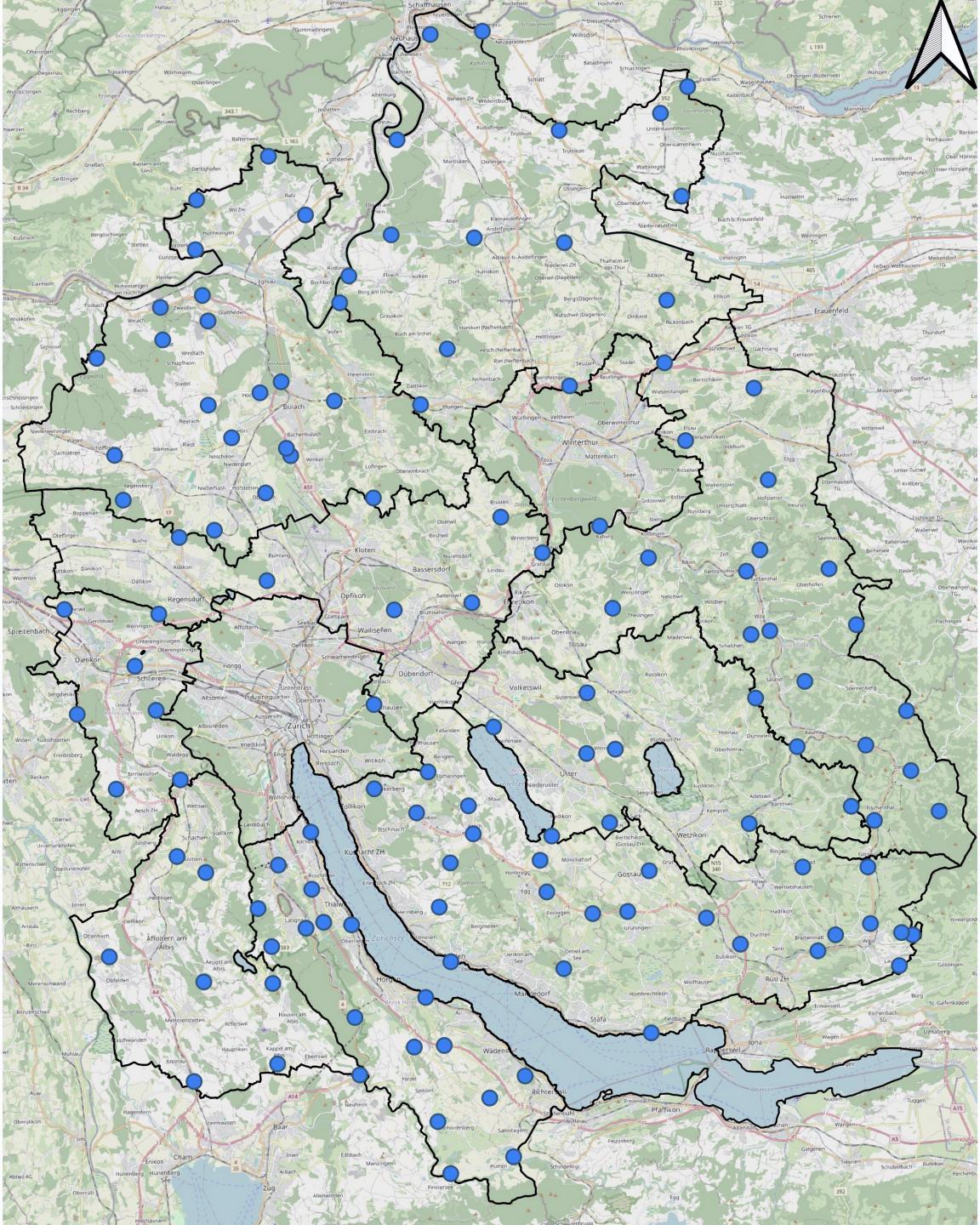 Karte des Kantons Zürich mit zahlreichen blauen Punkten, die Wetterstationen darstellen.