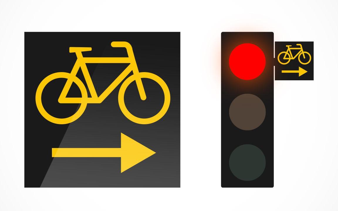 Grafik: Verkehrsschild mit gelbem Fahrradsymbol und Rechtsabbiegepfeil, daneben eine rote Ampel mit  der richtigen Anbringung des Zusatzschildes