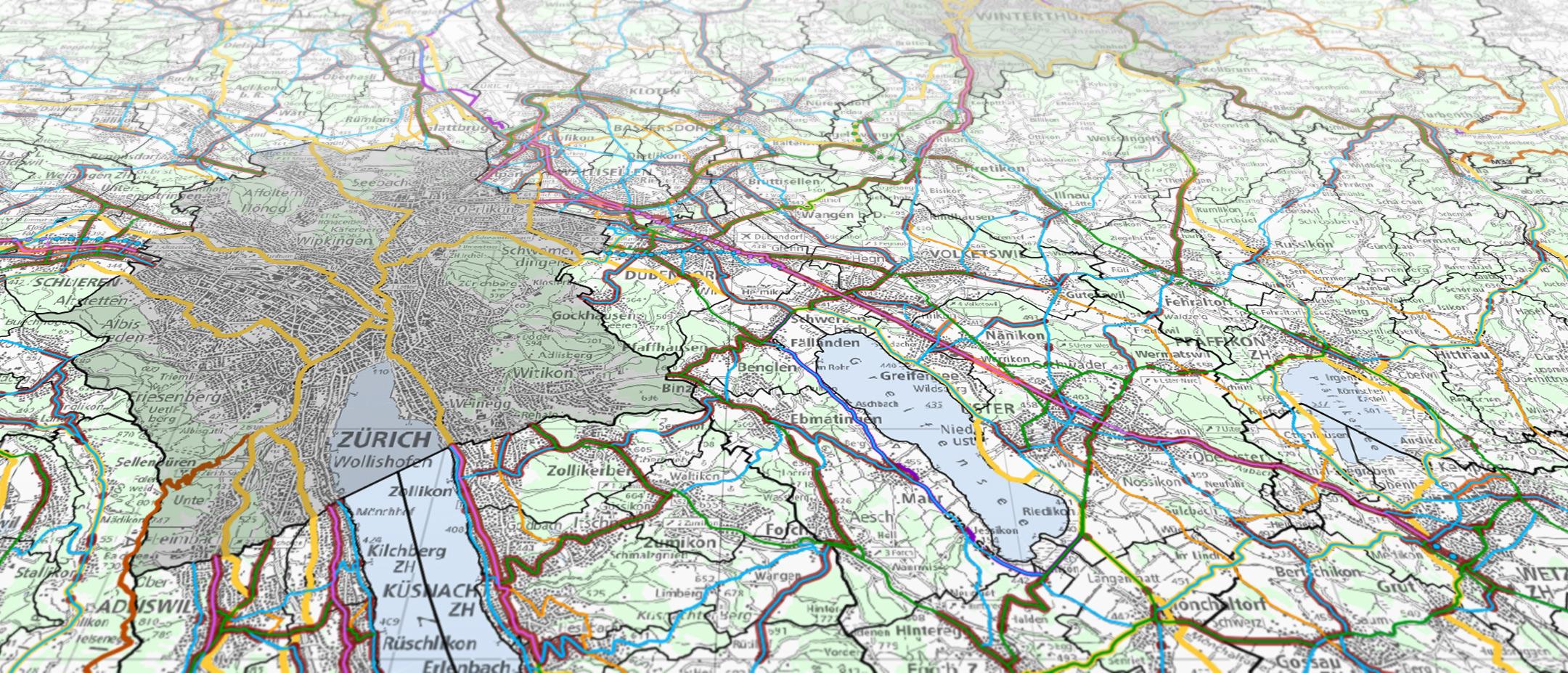 Der Velonetzplan aus dem GIS-Browser wird in einer perspektivischen Ansicht gezeigt.
