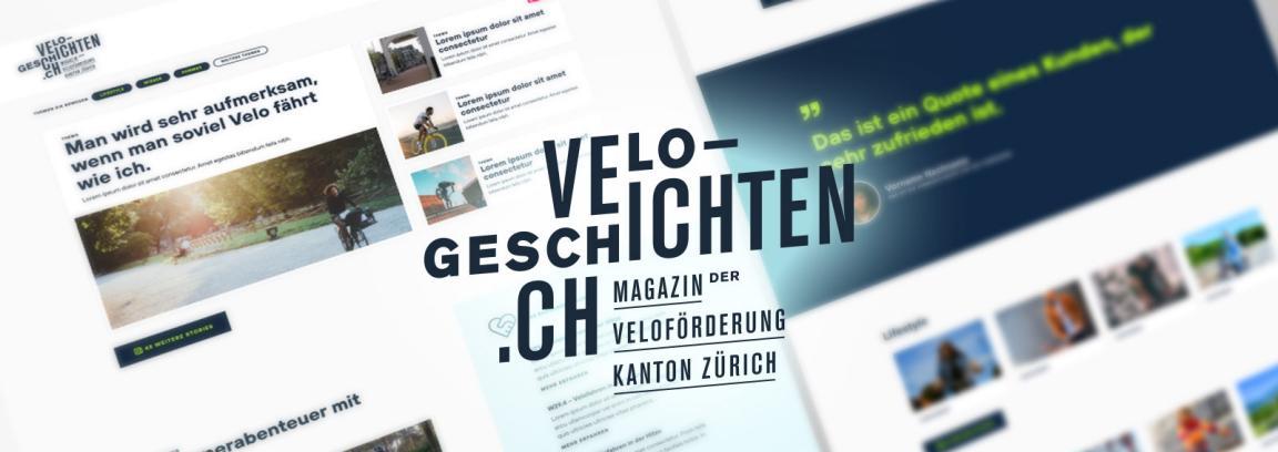 Hinter dem Logo erscheint ein Ausschnitt des Redesigns auf velo-geschichten.ch