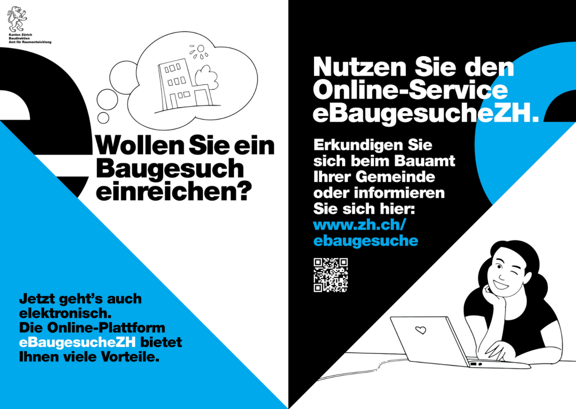 Zwei Werbeplakate für die elektronische Baueingabe über die Online-Plattform eBaugesucheZH