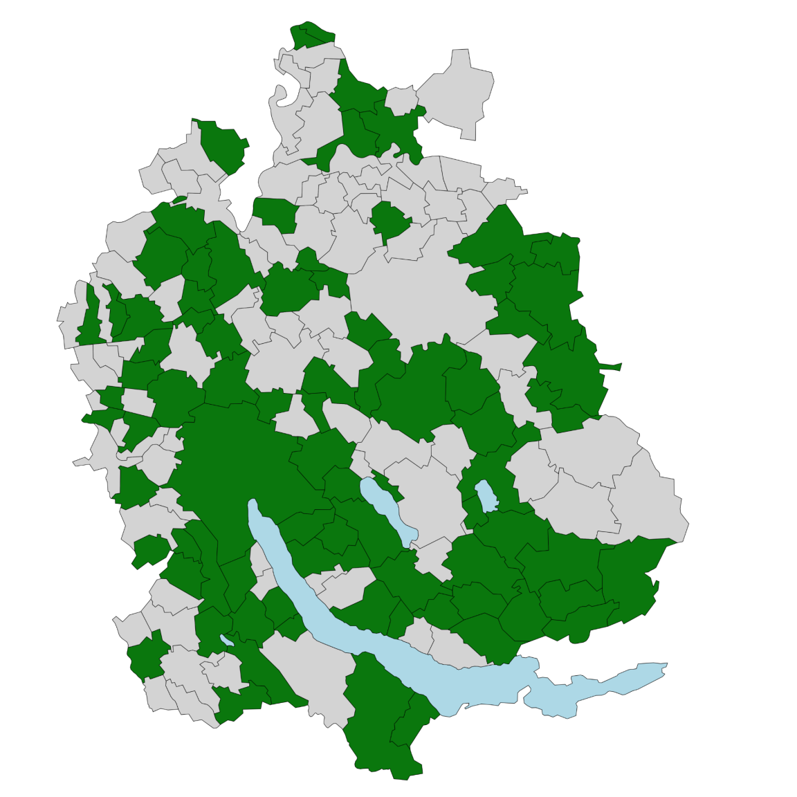 Karte des Kantons Zürich mit Gemeinden, die «eBaugesucheZH» eingeführt haben (grün) und Gemeinden, die es noch nicht eingeführt haben (grau), sowie Gewässern (blau).