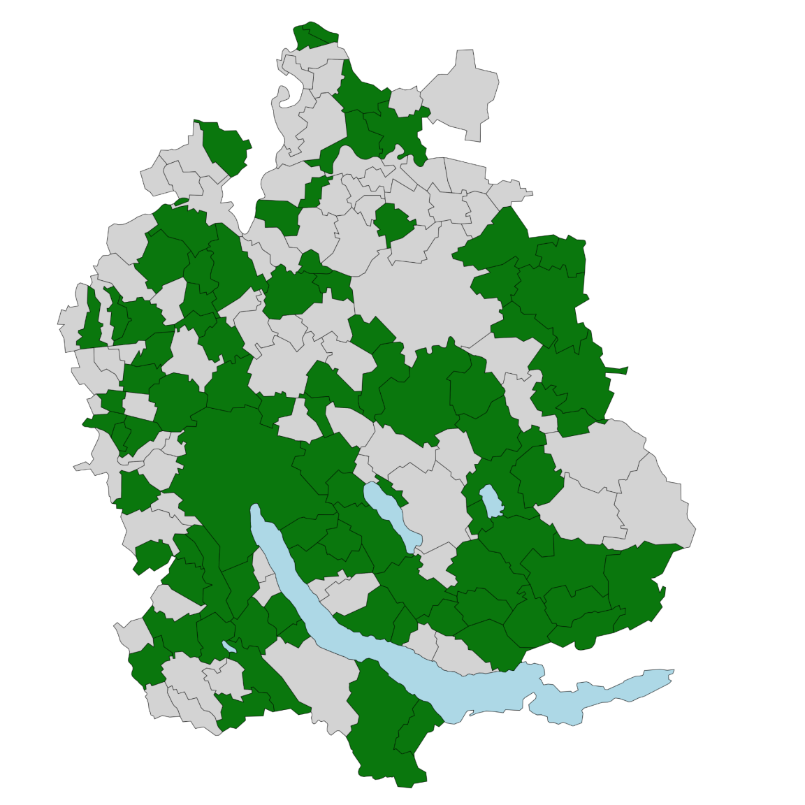Karte des Kantons Zürich mit Gemeinden, die «eBaugesucheZH» eingeführt haben (grün) und Gemeinden, die es noch nicht eingeführt haben (grau), sowie Gewässern (blau).