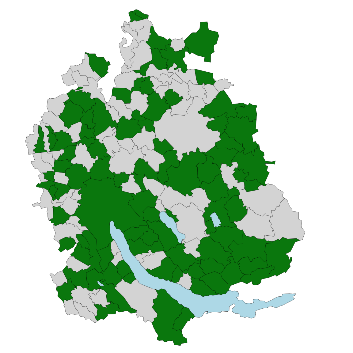 Karte des Kantons Zürich mit Gemeinden, die «eBaugesucheZH» eingeführt haben (grün) und Gemeinden, die es noch nicht eingeführt haben (grau), sowie Gewässern (blau).