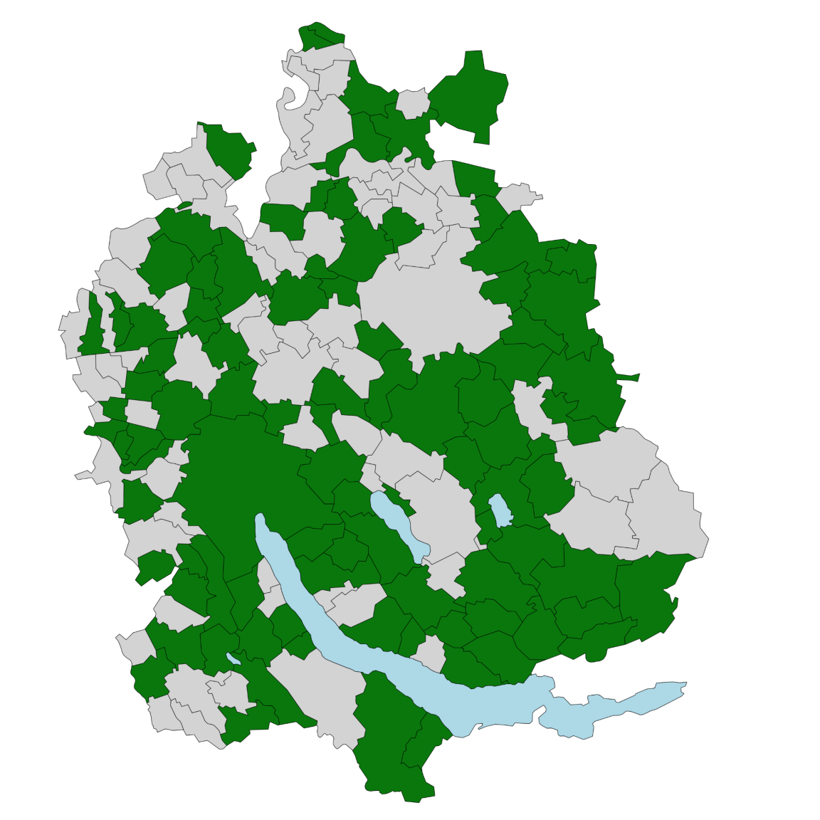 Karte des Kantons Zürich mit Gemeinden, die «eBaugesucheZH» eingeführt haben (grün) und Gemeinden, die es noch nicht eingeführt haben (grau), sowie Gewässern (blau).