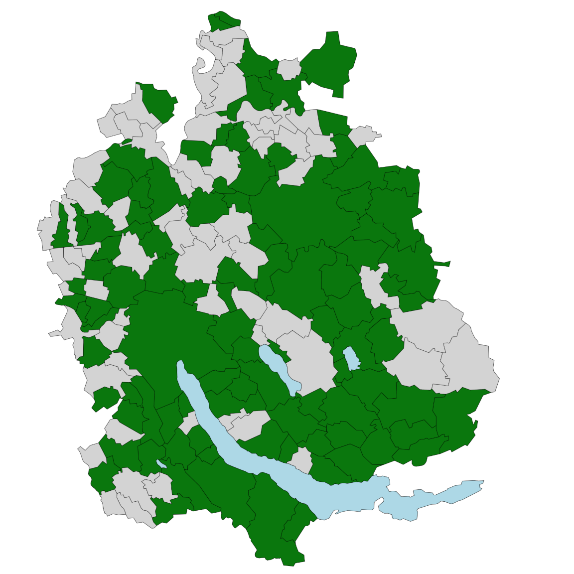 Karte des Kantons Zürich mit Gemeinden, die «eBaugesucheZH» eingeführt haben (grün) und Gemeinden, die es noch nicht eingeführt haben (grau), sowie Gewässern (blau).