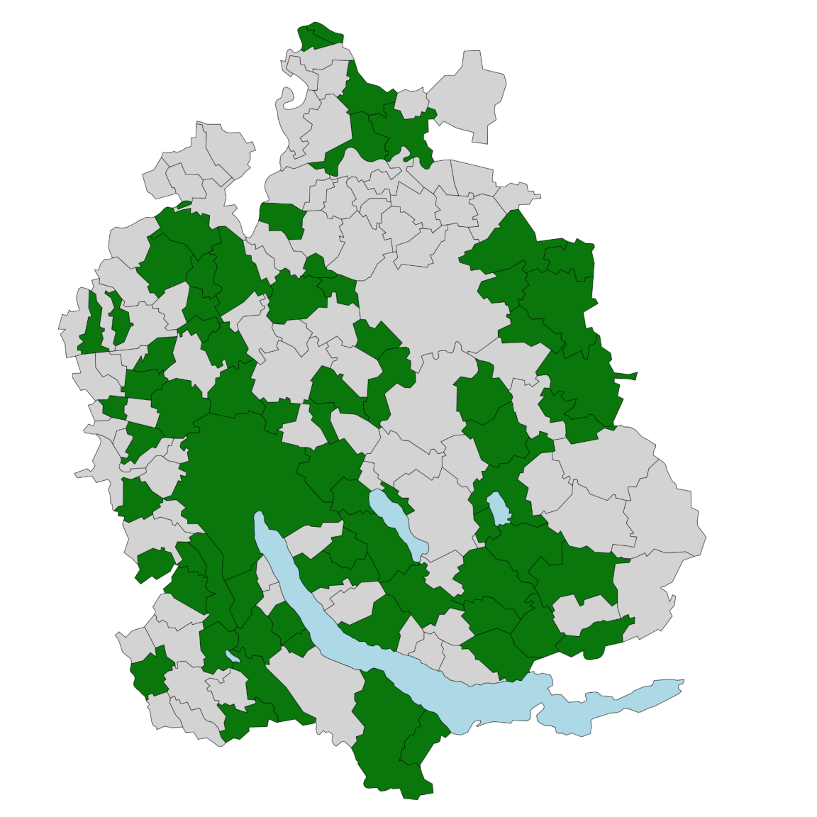 Die Kantonskarte zeigt dunkelgrüne Gemeinden, wo eBaugesucheZH verfügbar ist und hellgrüne Gemeinden, wo die Anbindung in nächster Zeit geplant ist.