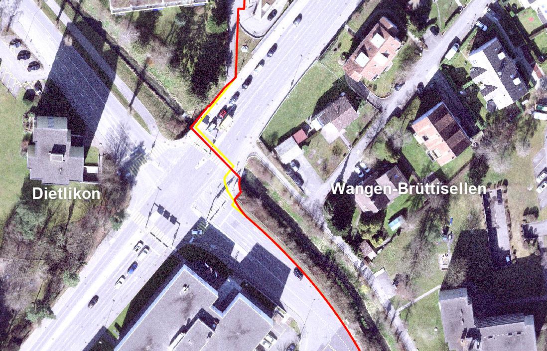 Die aktuelle Gemeindegrenze ist in rot dargestellt, die alte Gemeindegrenze in gelb.