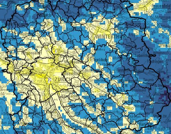 Farblich dargestellte GIS-Karte mit den Lichtemissionen im Kanton Zürich. Die Karte zeigt, dass die Stadtzonen höhere Lichtemissionen aufweisen als die Landgebiete. 