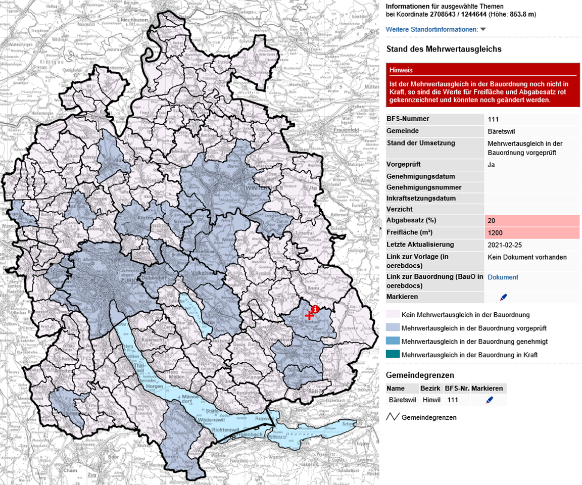 GIS-Browserkarte «Stand Umsetzung Mehrwertausgleich in den Gemeinden»