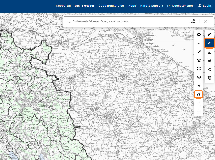 Zeichenwerkzeuge im GIS-Browser und Symbolauswahl