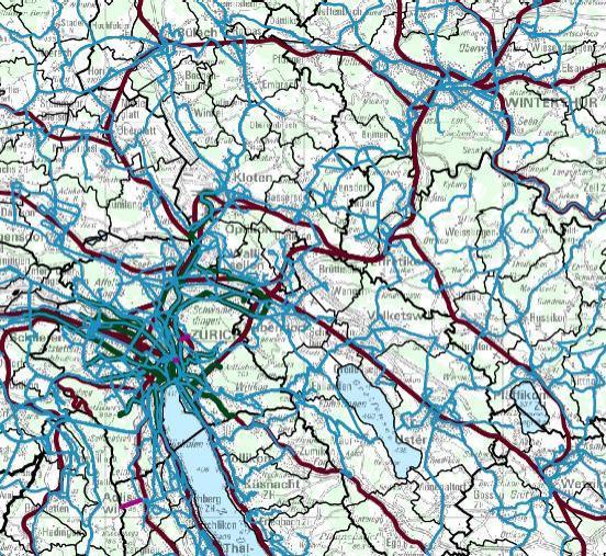 Ausschnitt aus der GIS-Browserkarte «Linien des öffentlichen Verkehrs»