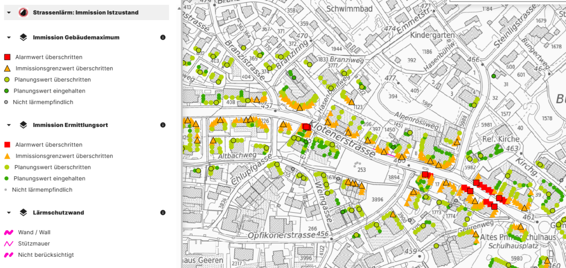 Ausschnitt aus der Karte zu Strassenlärm-Immissionen im GIS-Browser.