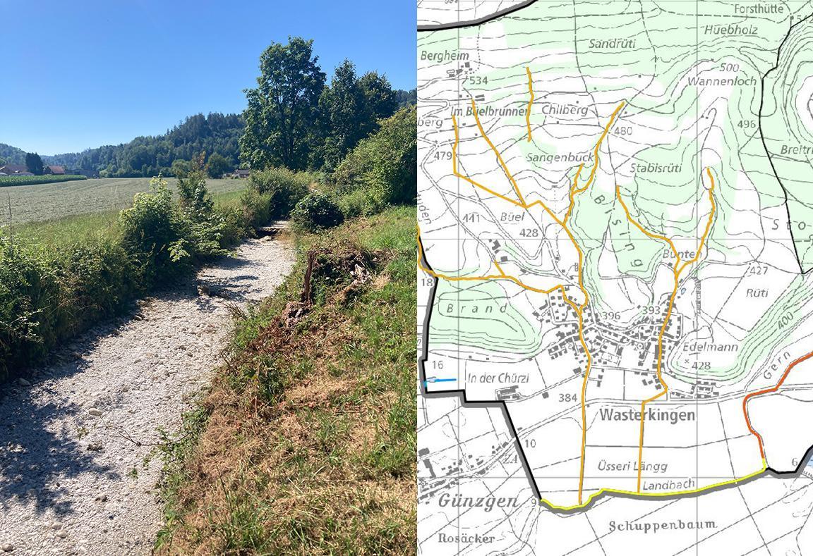 Trocken gefallener Bach und Ausschnitt aus der neuen Karte