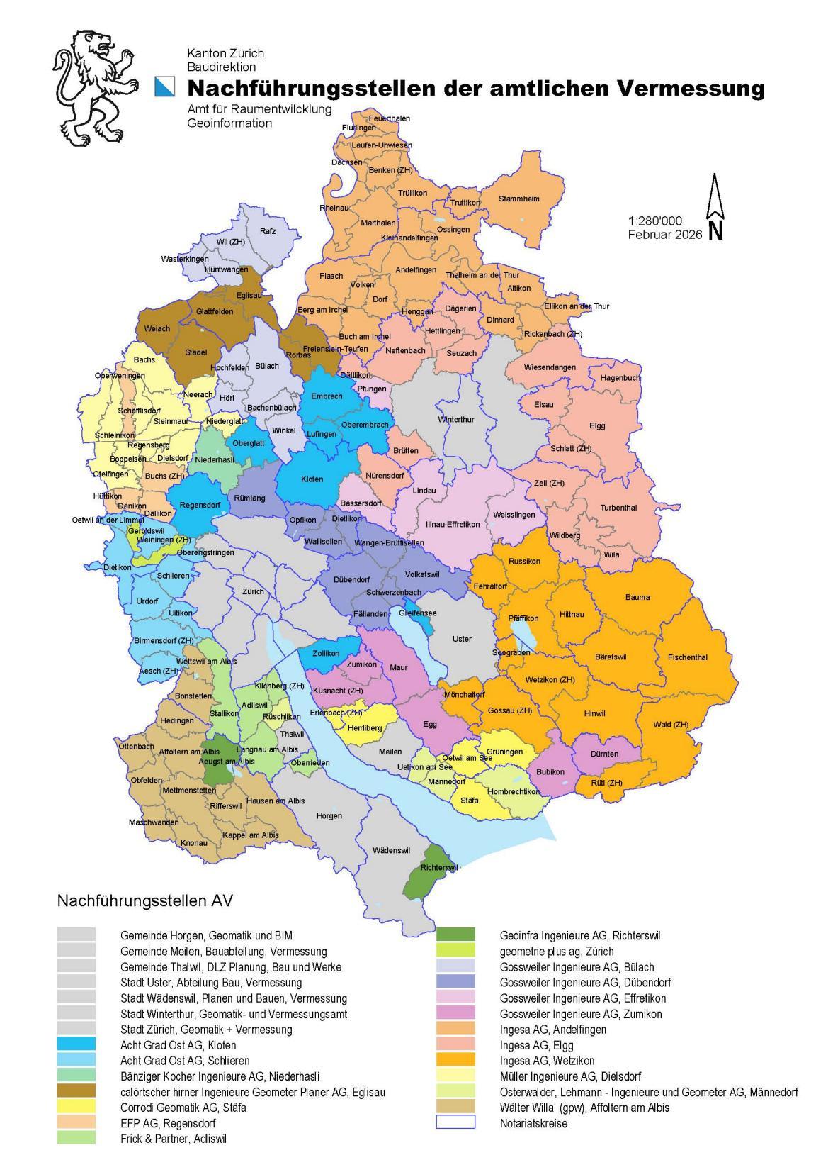 Nachführungsstellen der amtlichen Vermessung pro Gemeinde eingefärbt und mit beschrifteten Gemeinden.