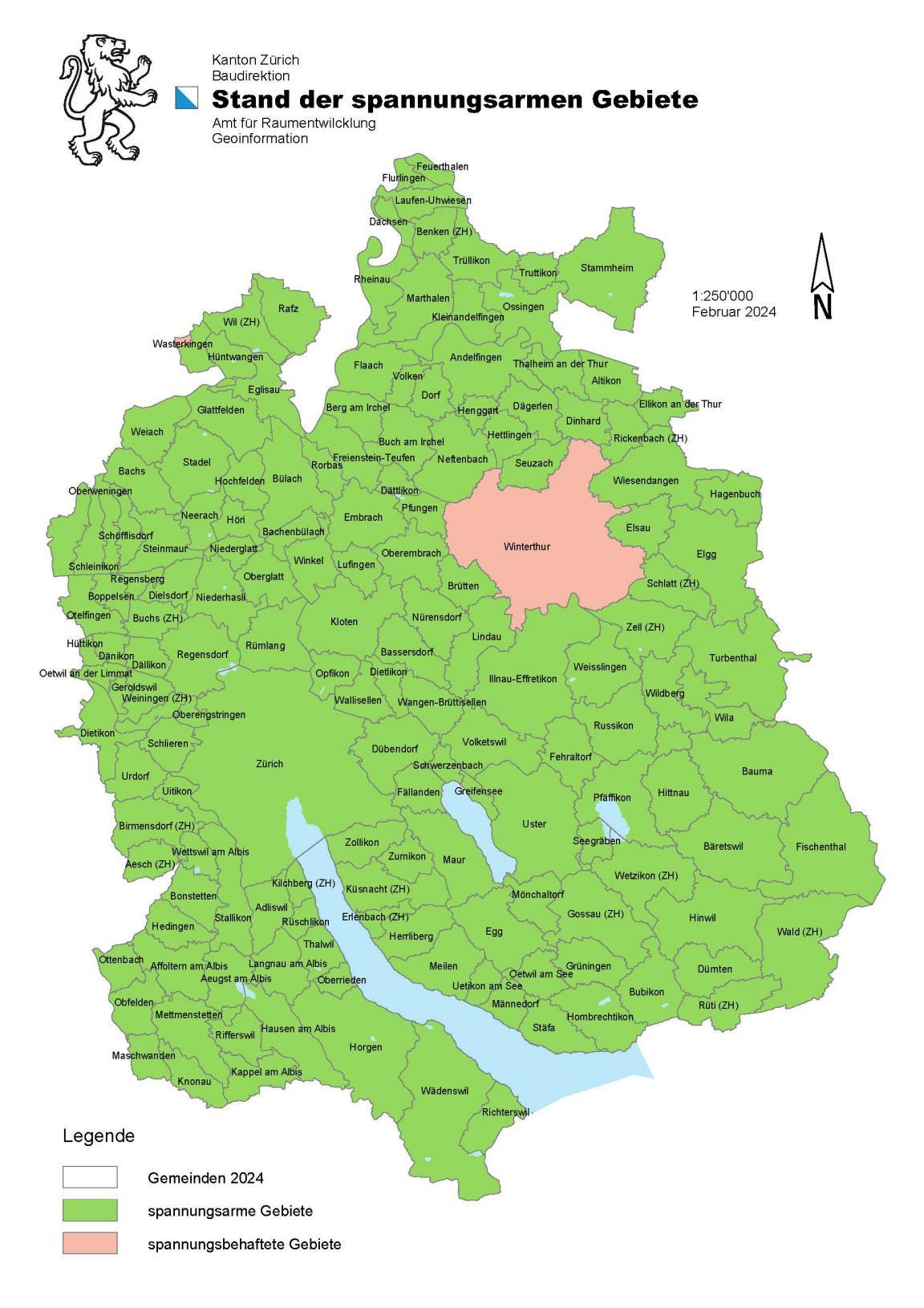 Grafische Übersicht über die spannungsarmn Gebiete im Kanton Zürich. Mit Ausnahme der Stadt Winterthur sind die meisten Gebiete spannungsarm.
