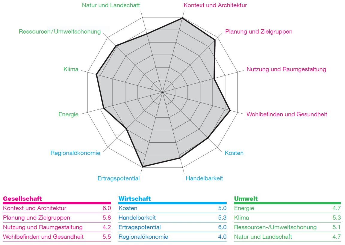 Netzdiagramm zu den durch SNBS geprüften Themen.