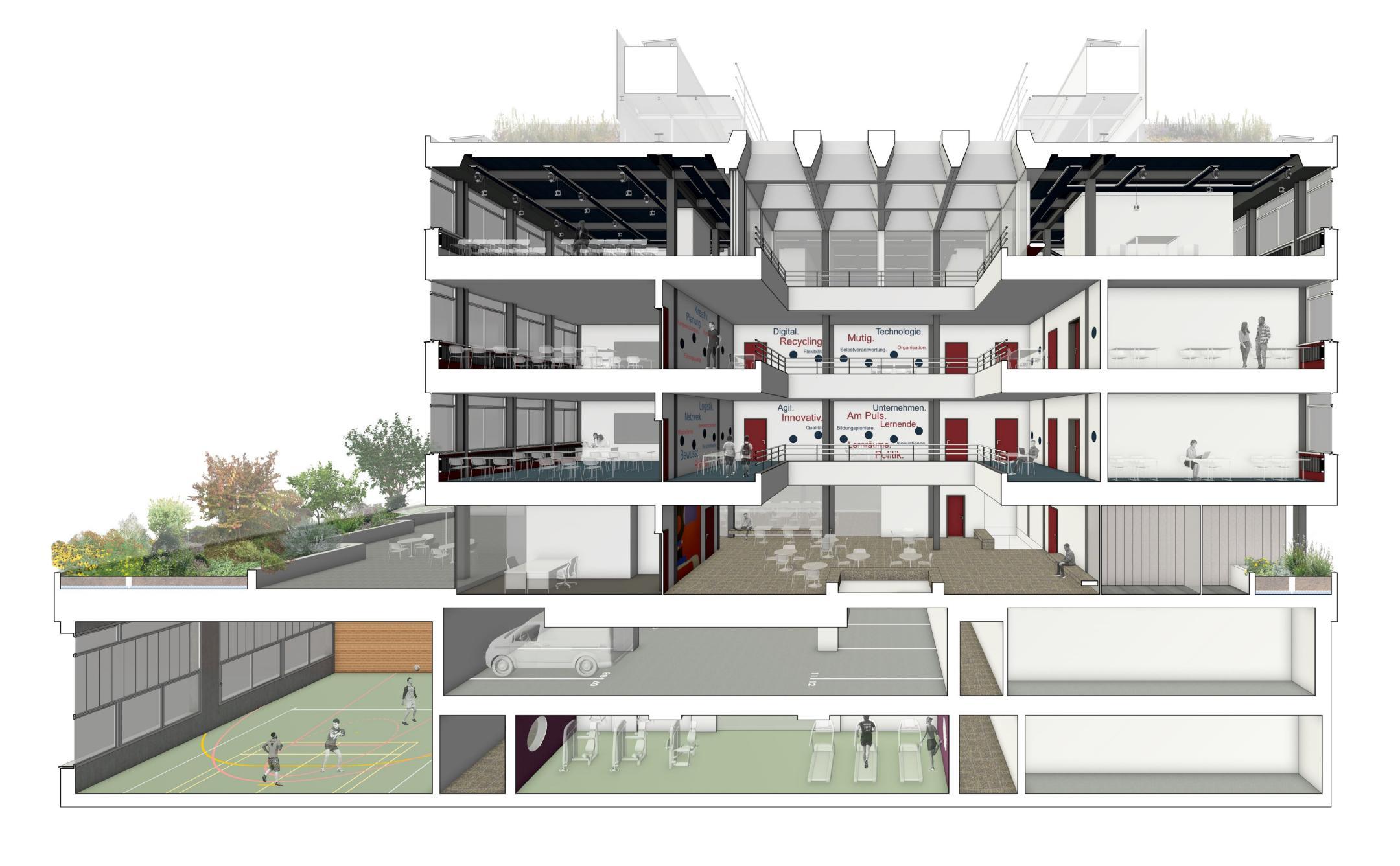 Zeichnung einer Perspektive, welche die verschiedenen Etagen des Baus darstellt.